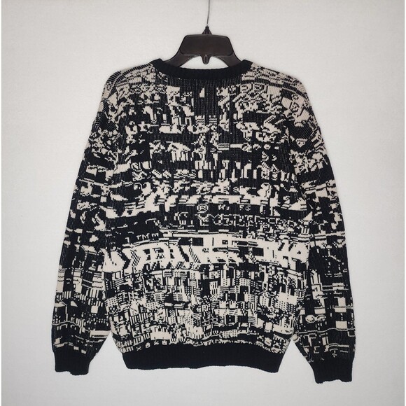 Vintage Binghamton Knitting Co Sweater 80s Black White Geometric Mens Medium - Picture 3 of 3